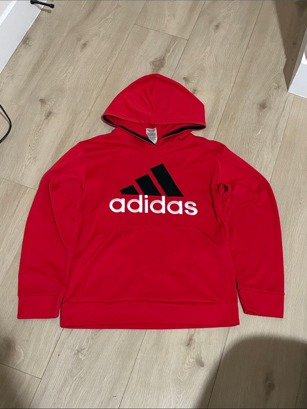 adidas Red Hoodie with Black Logo and White Text